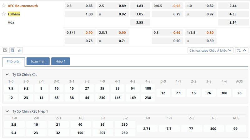 Bang Ty Le Keo Bournemouth Vs Fulham