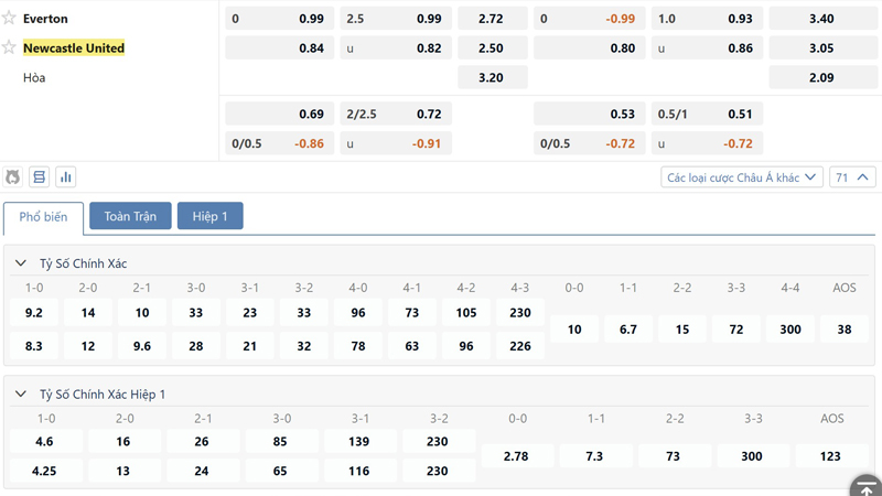 Bang Ty Le Keo Everton Vs Newcastle