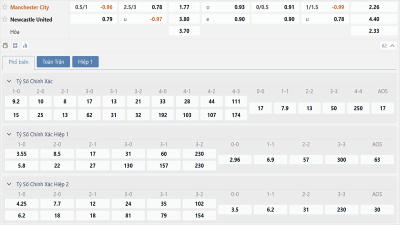 Bang Ty Le Keo Manchester City Vs Newcastle United